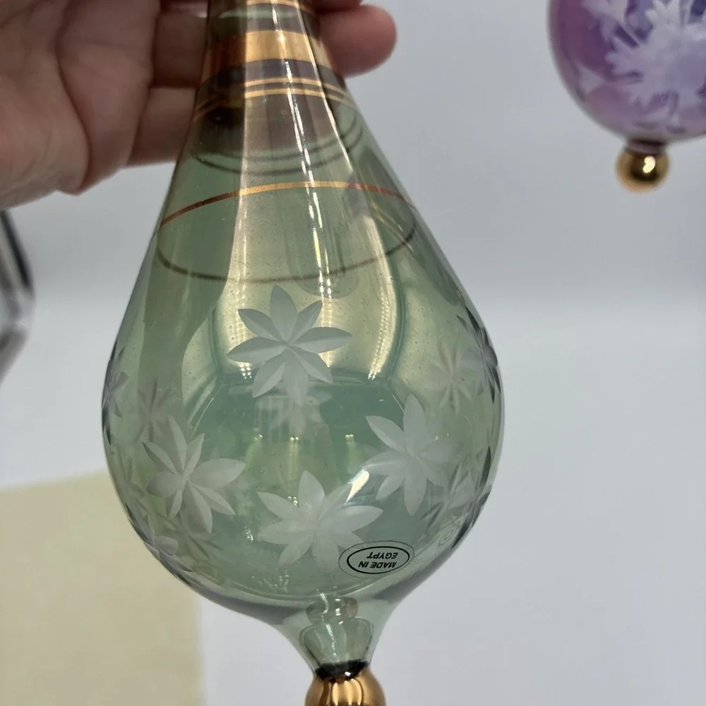 Vintage Egyptian Hand Blown Glass Ornaments Etched Floral Gold Trim Set of 2